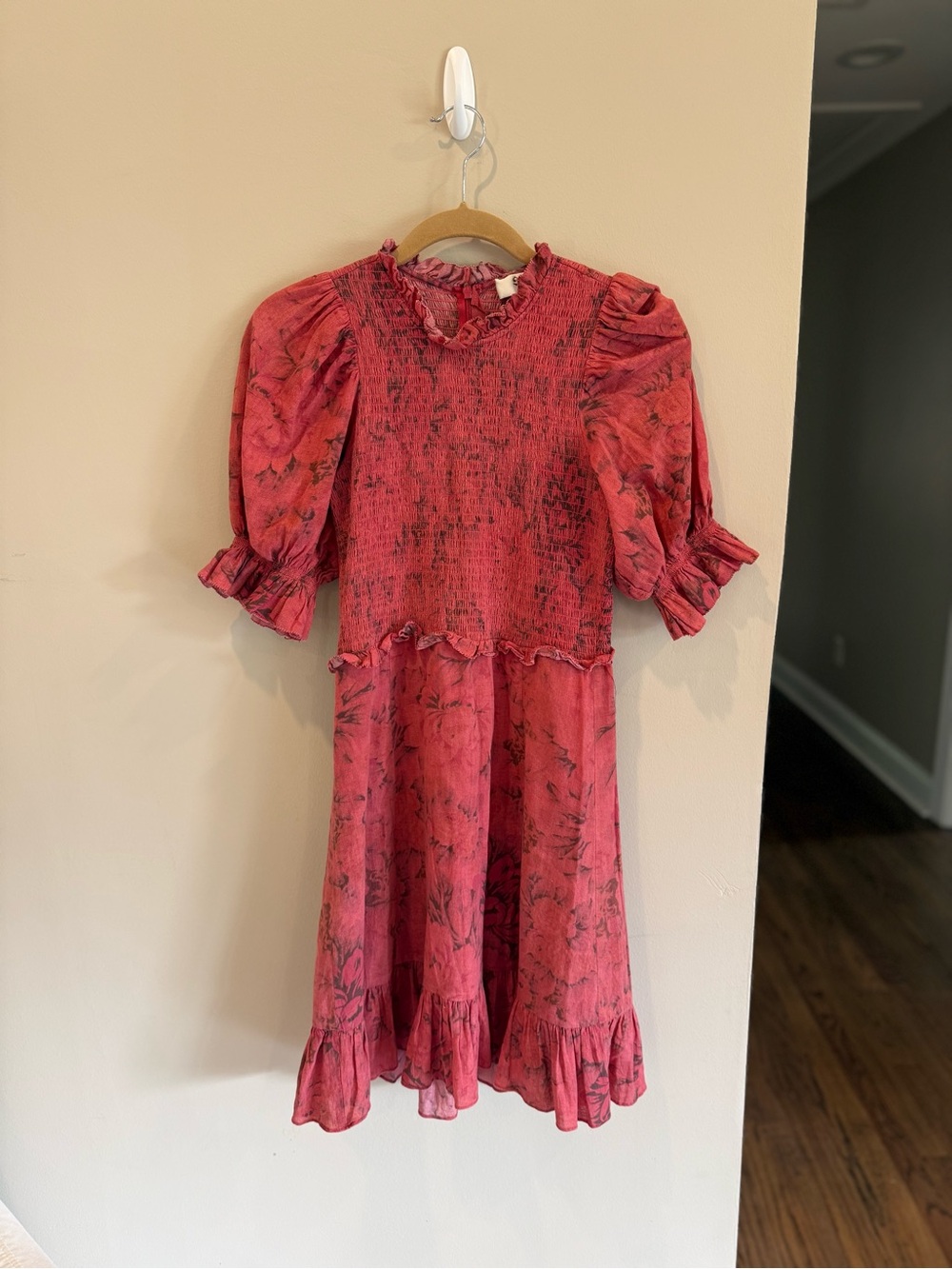 Sea New York Women Mimi Smocked Dress Ruffle Lined | Size 2 | Rosewood Red